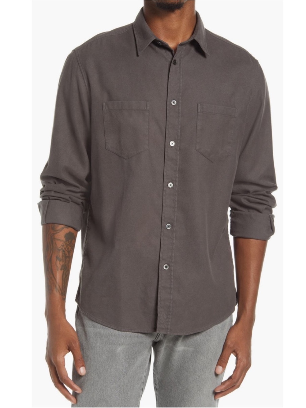FRAME Double Pocket Brushed Cotton Button Up Shirt Cement Gray Size Large